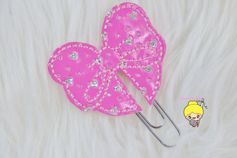 Bow With Glitter Hearts Planner Clip-Hot Pink