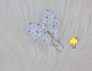 Bow With Glitter Hearts Planner Clip-White